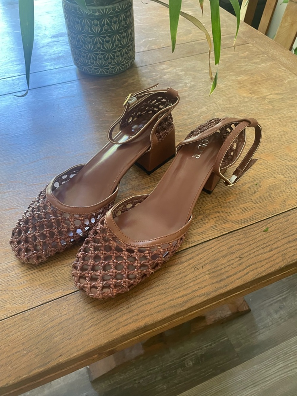 Cider Brown Woven Slingback Block Heels